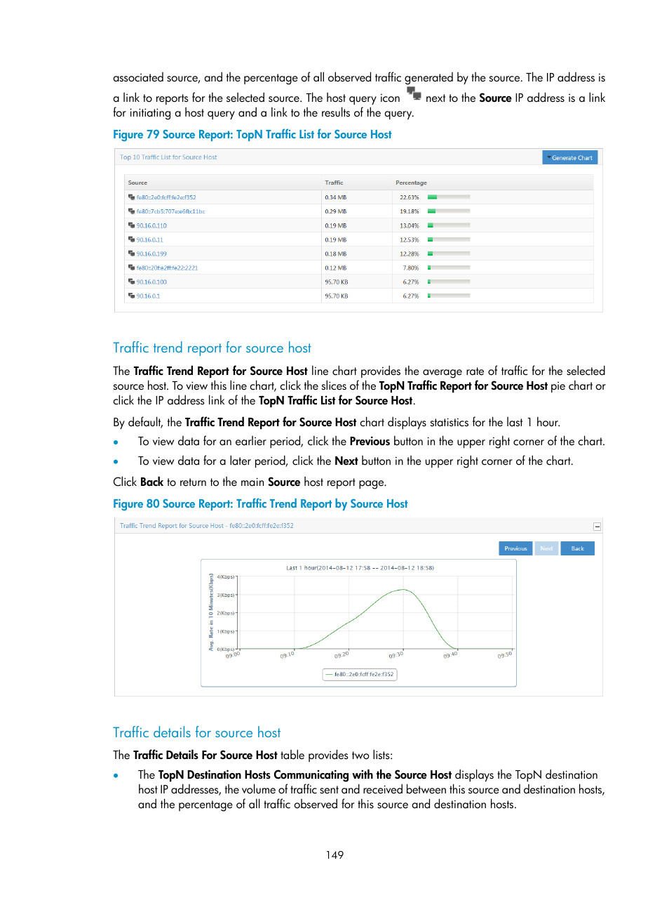 Traffic trend report for source host, Traffic details for source host | H3C Technologies H3C Intelligent Management Center User Manual | Page 159 / 371