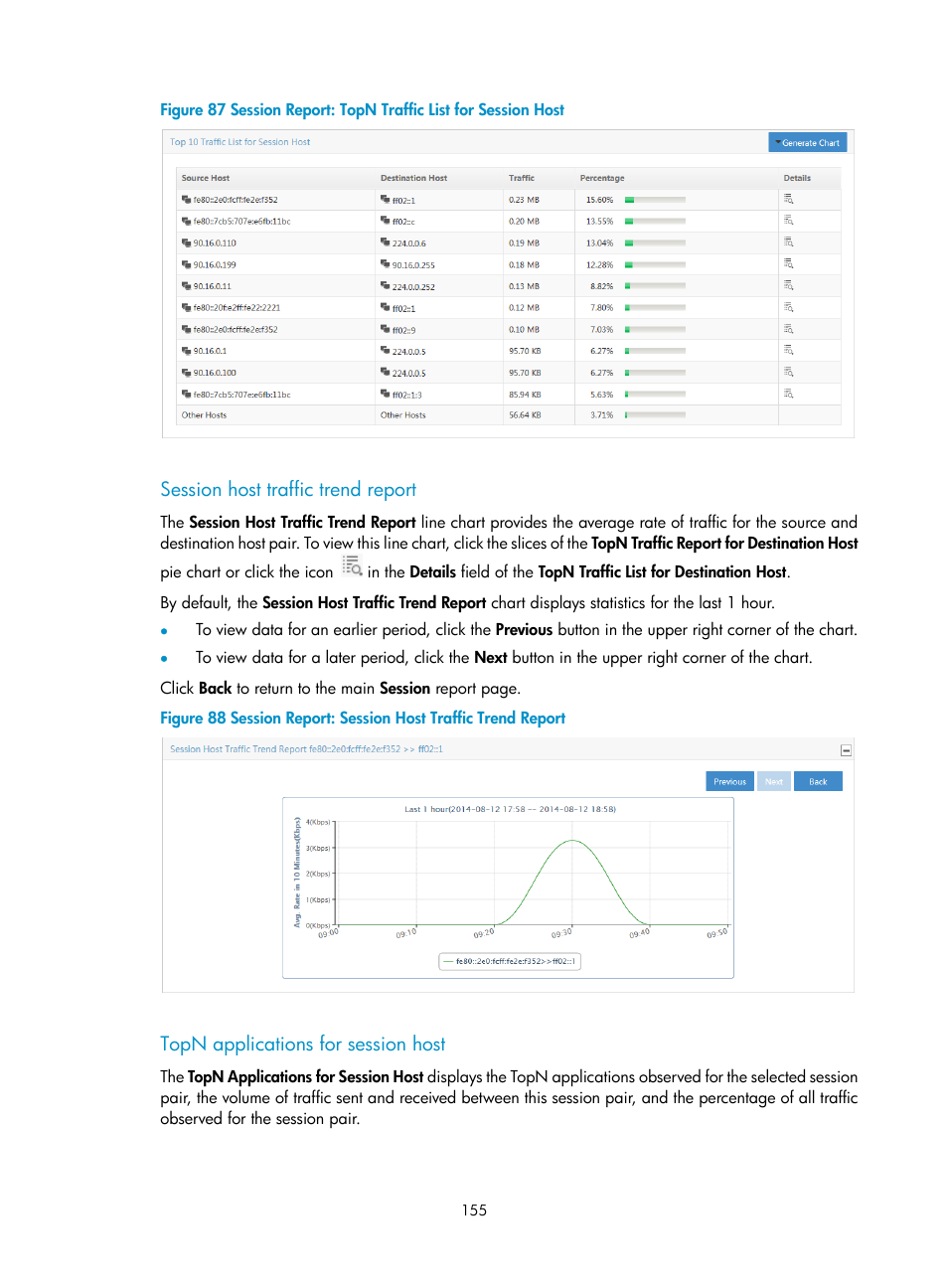 Session host traffic trend report, Topn applications for session host | H3C Technologies H3C Intelligent Management Center User Manual | Page 165 / 371