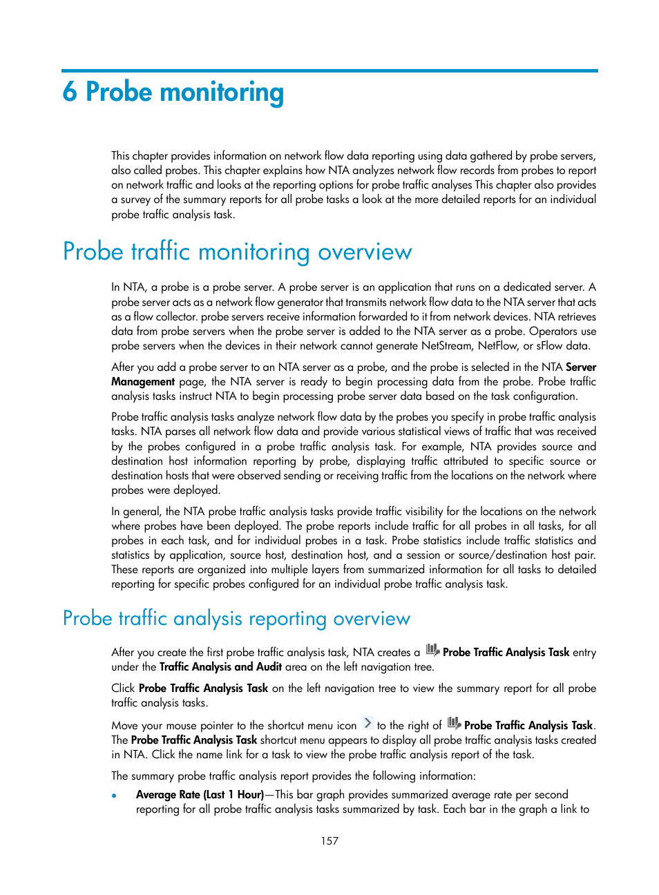 6 probe monitoring, Probe traffic monitoring overview, Probe traffic analysis reporting overview | H3C Technologies H3C Intelligent Management Center User Manual | Page 167 / 371