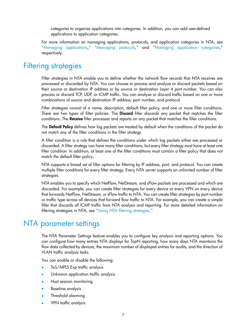 Filtering strategies, Nta parameter settings | H3C Technologies H3C Intelligent Management Center User Manual | Page 17 / 371