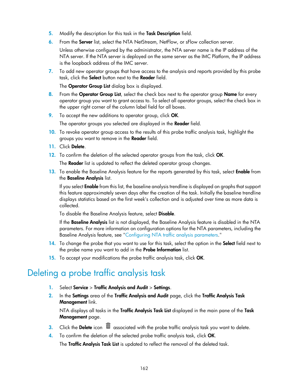 Deleting a probe traffic analysis task | H3C Technologies H3C Intelligent Management Center User Manual | Page 172 / 371