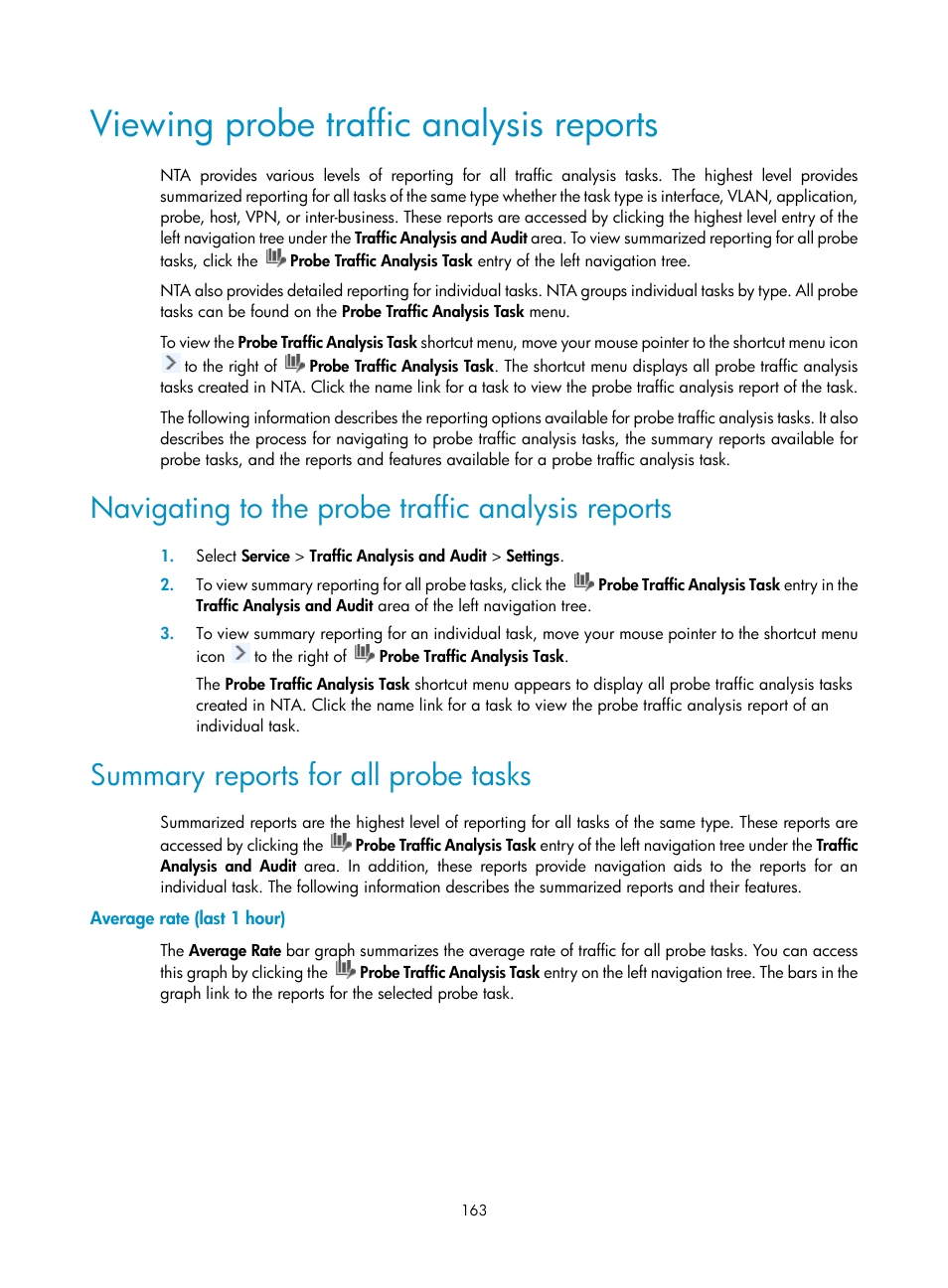 Viewing probe traffic analysis reports, Navigating to the probe traffic analysis reports, Summary reports for all probe tasks | Average rate (last 1 hour), Viewing probe traffic, Analysis reports | H3C Technologies H3C Intelligent Management Center User Manual | Page 173 / 371