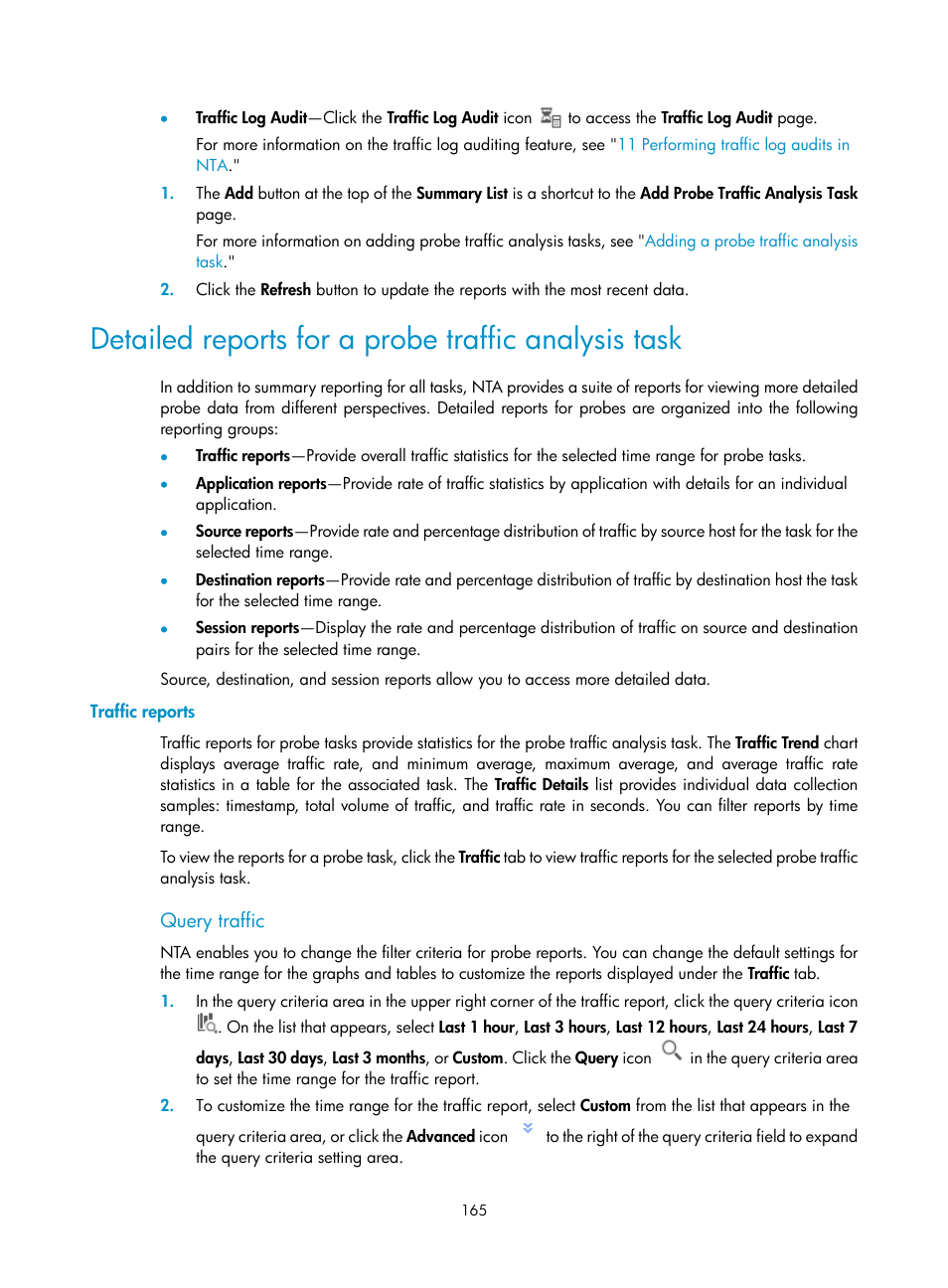 Detailed reports for a probe traffic analysis task, Traffic reports, Query traffic | H3C Technologies H3C Intelligent Management Center User Manual | Page 175 / 371