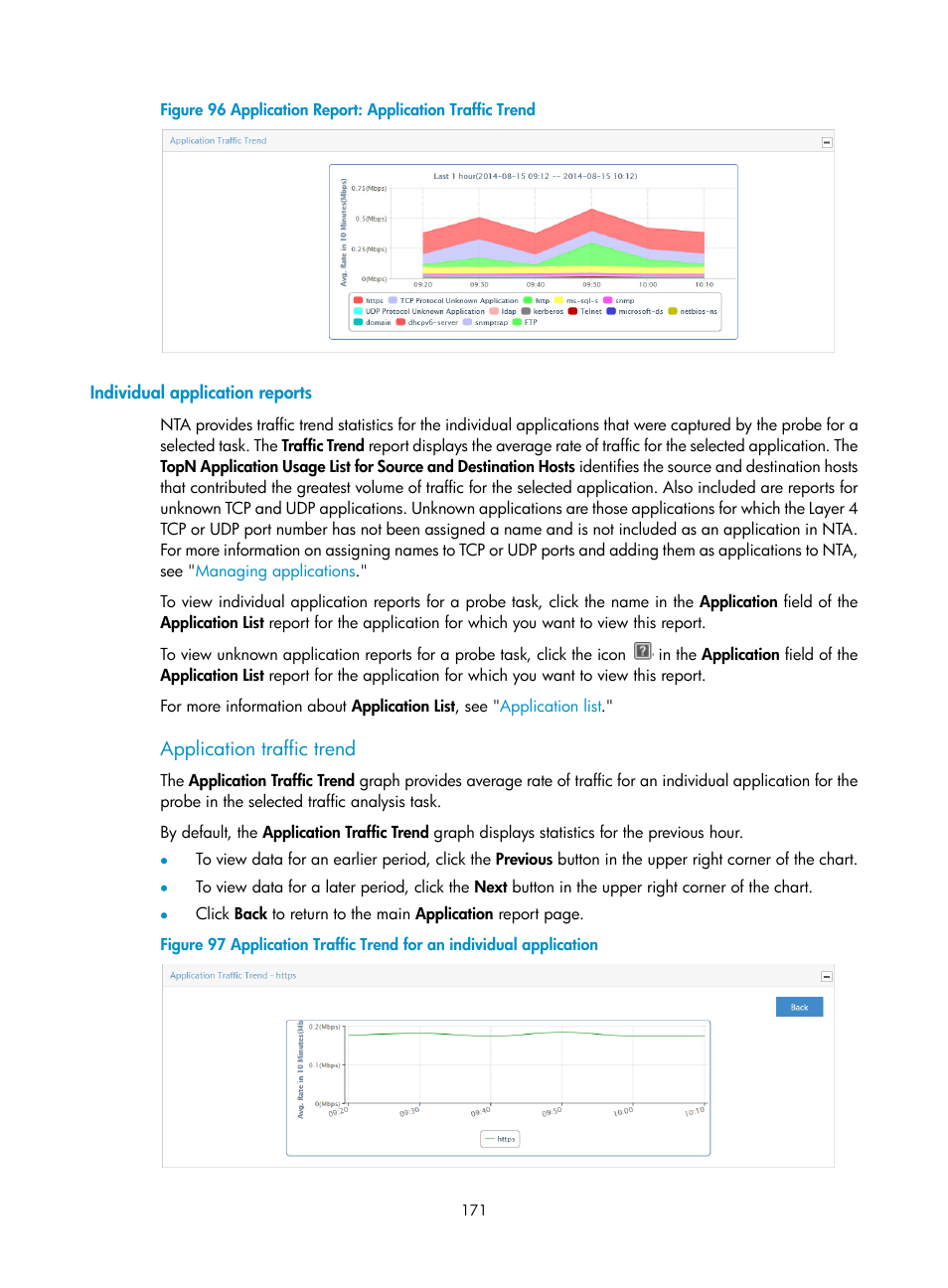 Individual application reports, Application traffic trend | H3C Technologies H3C Intelligent Management Center User Manual | Page 181 / 371