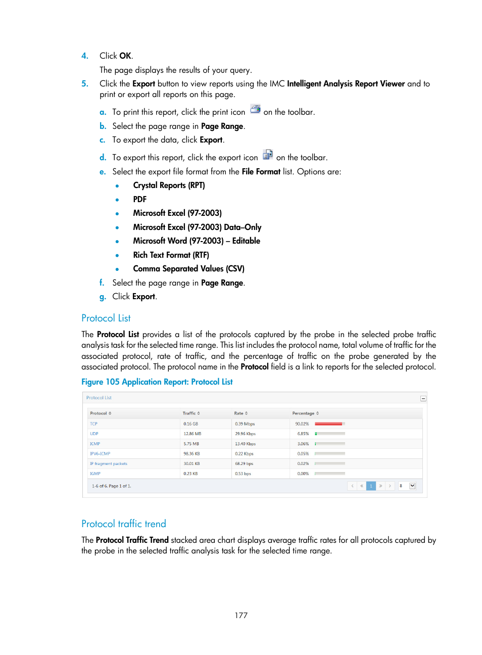 Protocol list, Protocol traffic trend | H3C Technologies H3C Intelligent Management Center User Manual | Page 187 / 371