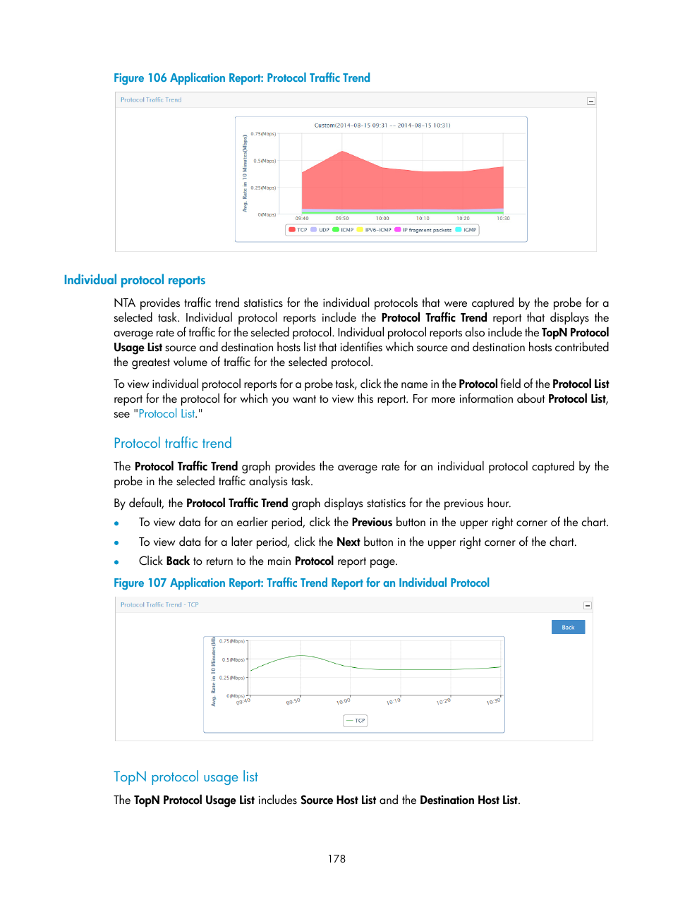 Individual protocol reports, Protocol traffic trend, Topn protocol usage list | H3C Technologies H3C Intelligent Management Center User Manual | Page 188 / 371