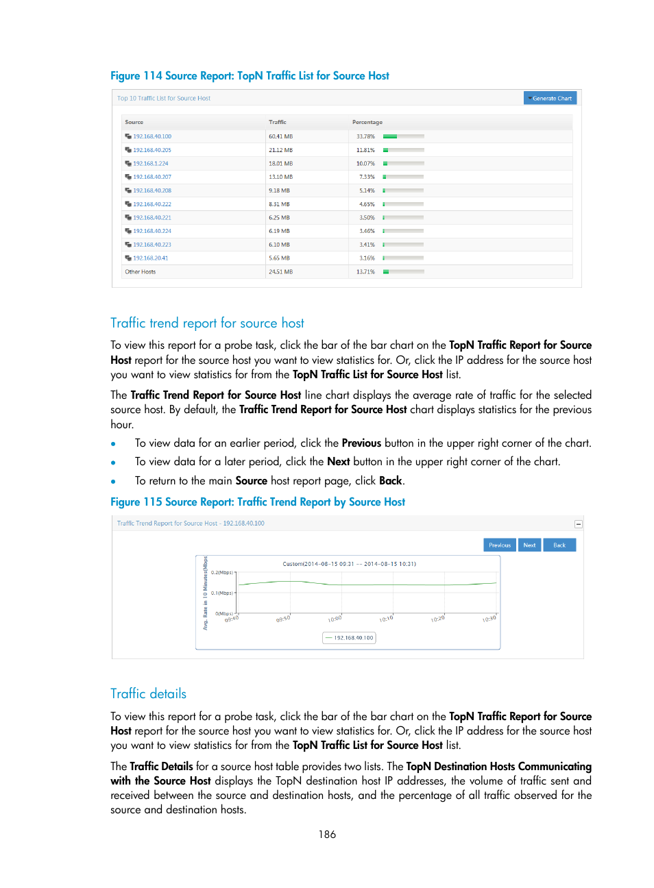 Traffic trend report for source host, Traffic details | H3C Technologies H3C Intelligent Management Center User Manual | Page 196 / 371