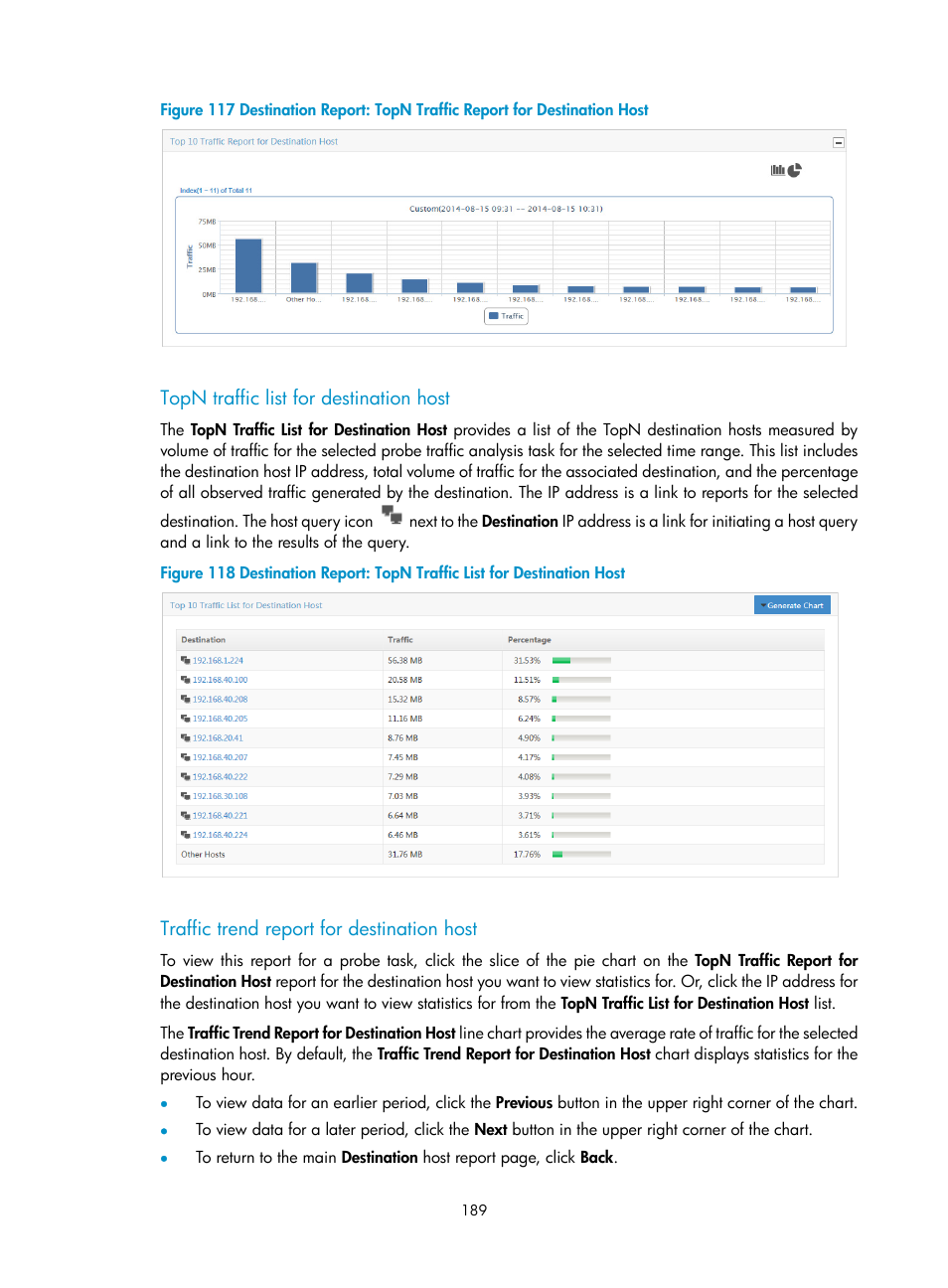 Topn traffic list for destination host, Traffic trend report for destination host | H3C Technologies H3C Intelligent Management Center User Manual | Page 199 / 371