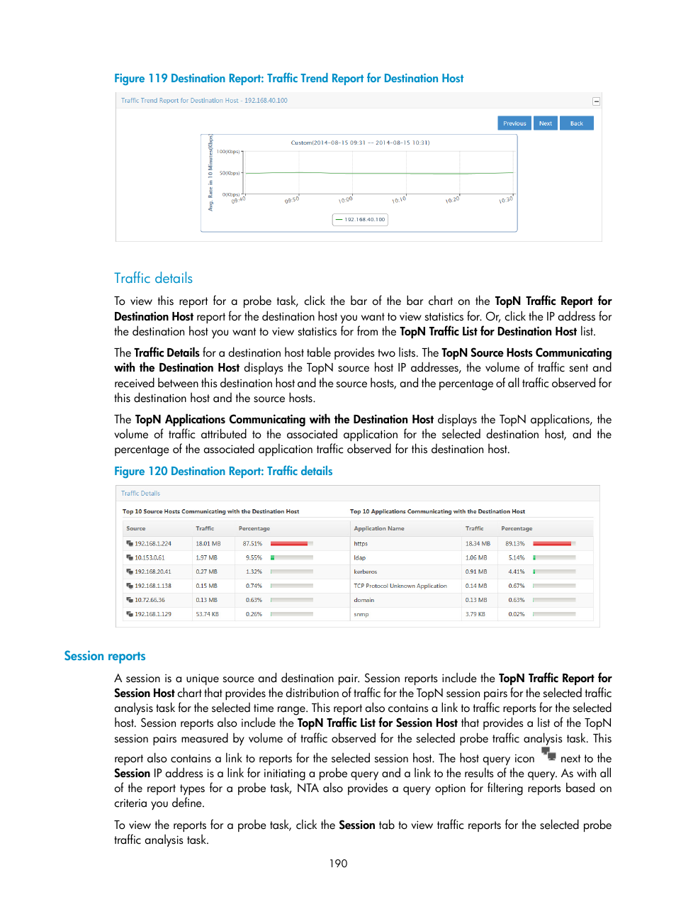 Traffic details, Session reports | H3C Technologies H3C Intelligent Management Center User Manual | Page 200 / 371