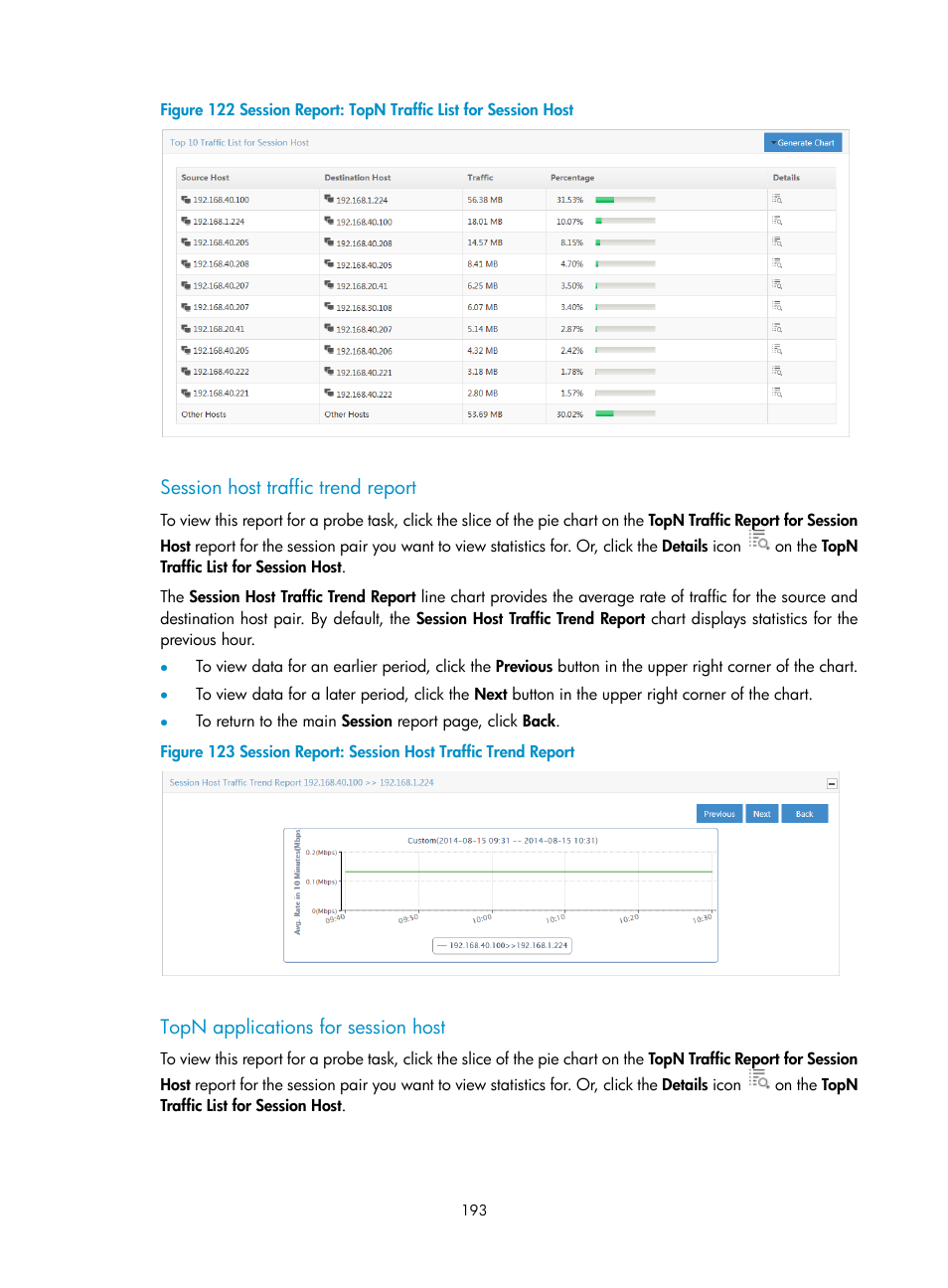 Session host traffic trend report, Topn applications for session host | H3C Technologies H3C Intelligent Management Center User Manual | Page 203 / 371