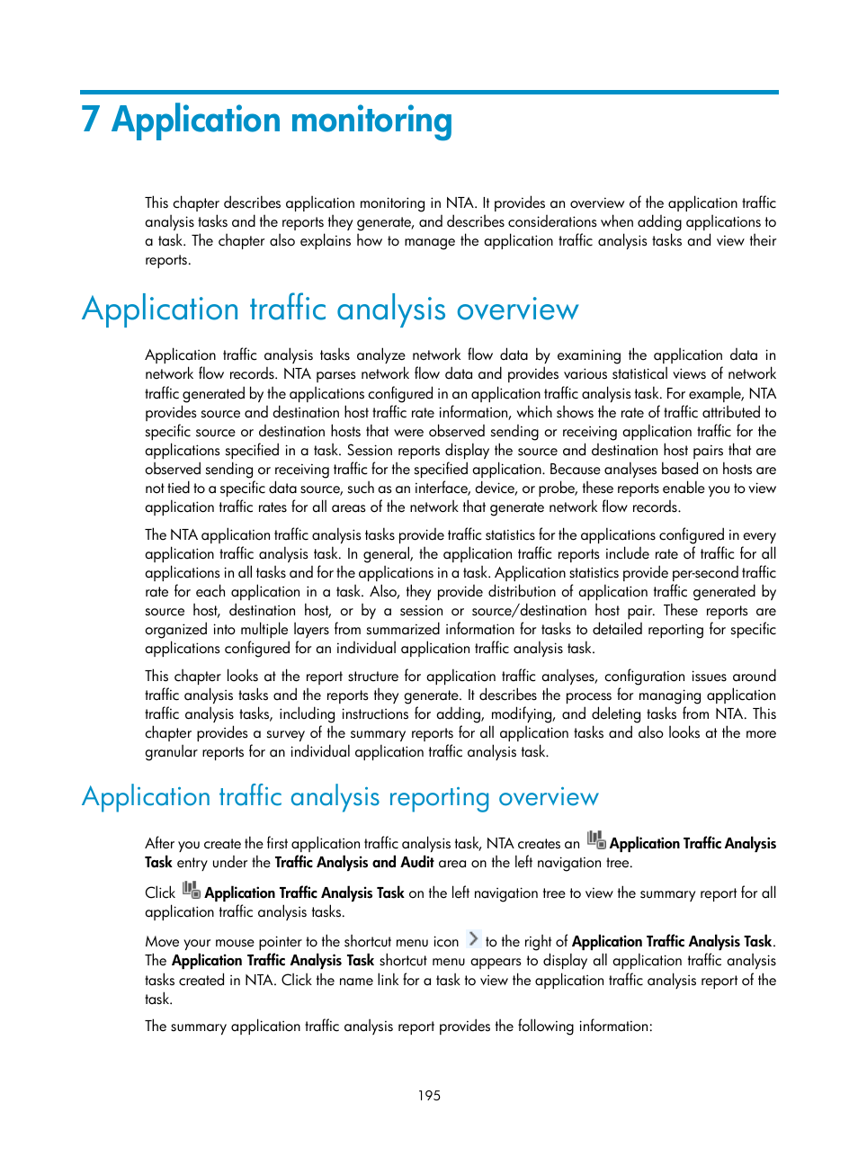 7 application monitoring, Application traffic analysis overview, Application traffic analysis reporting overview | H3C Technologies H3C Intelligent Management Center User Manual | Page 205 / 371