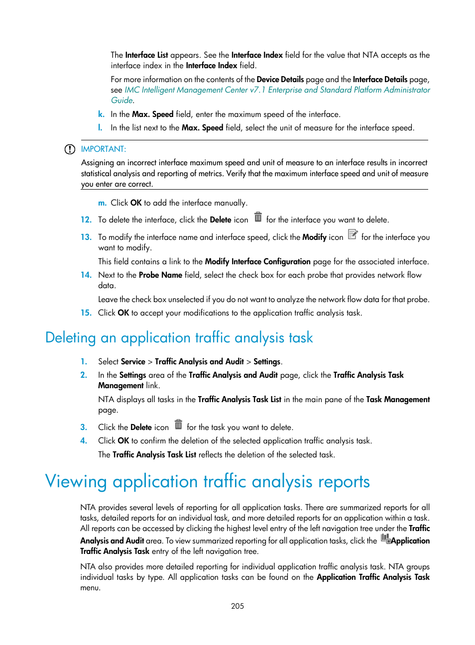 Deleting an application traffic analysis task, Viewing application traffic analysis reports, Viewing | Application traffic analysis reports | H3C Technologies H3C Intelligent Management Center User Manual | Page 215 / 371