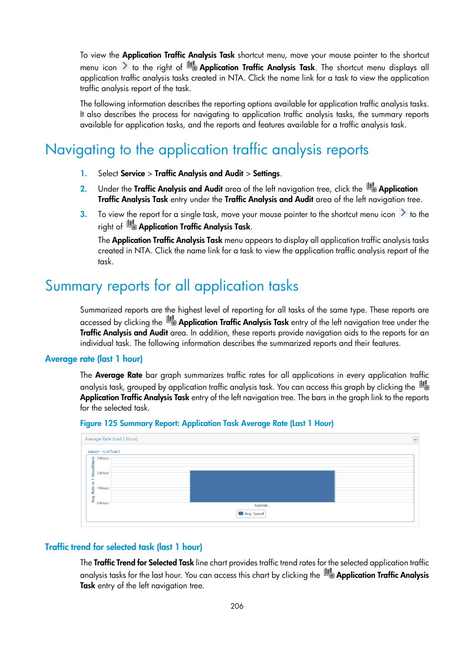 Summary reports for all application tasks, Average rate (last 1 hour), Traffic trend for selected task (last 1 hour) | H3C Technologies H3C Intelligent Management Center User Manual | Page 216 / 371