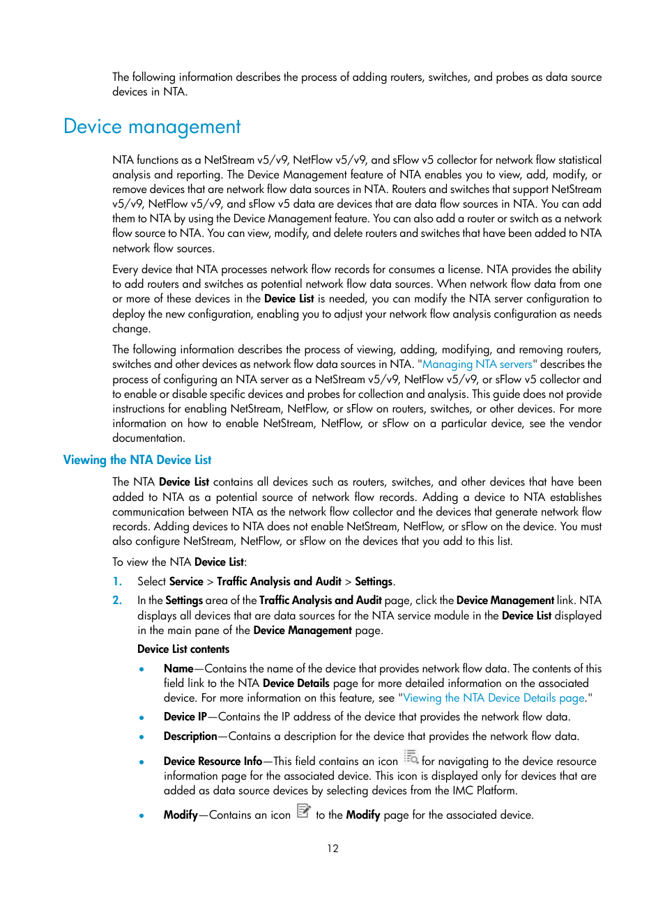 Device management, Viewing the nta device list | H3C Technologies H3C Intelligent Management Center User Manual | Page 22 / 371