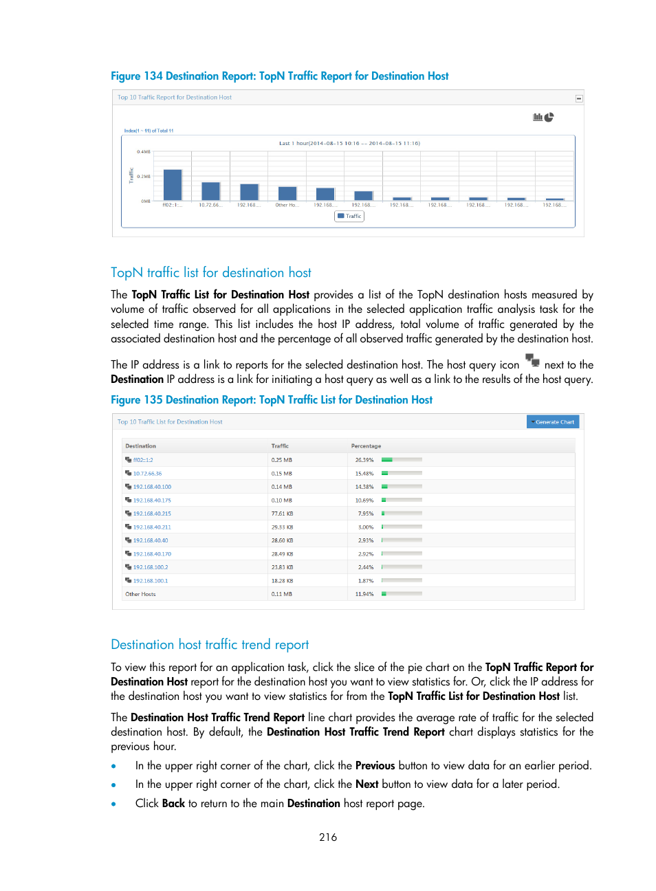 Topn traffic list for destination host, Destination host traffic trend report | H3C Technologies H3C Intelligent Management Center User Manual | Page 226 / 371