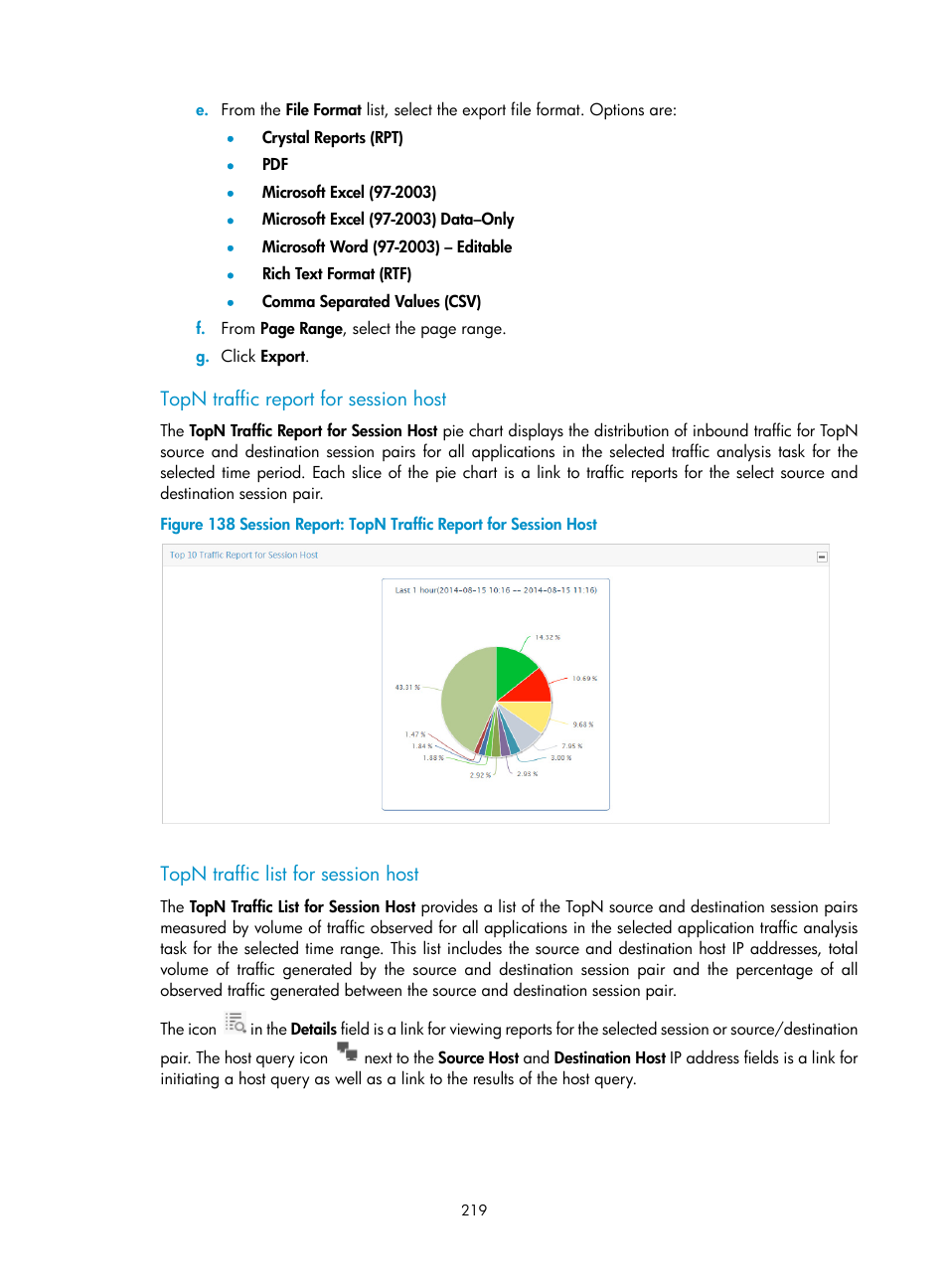 Topn traffic report for session host, Topn traffic list for session host | H3C Technologies H3C Intelligent Management Center User Manual | Page 229 / 371