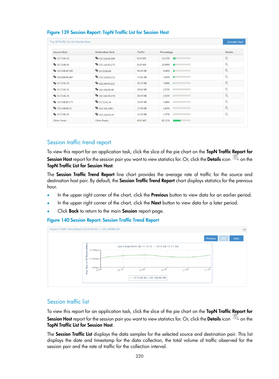 Session traffic trend report, Session traffic list | H3C Technologies H3C Intelligent Management Center User Manual | Page 230 / 371