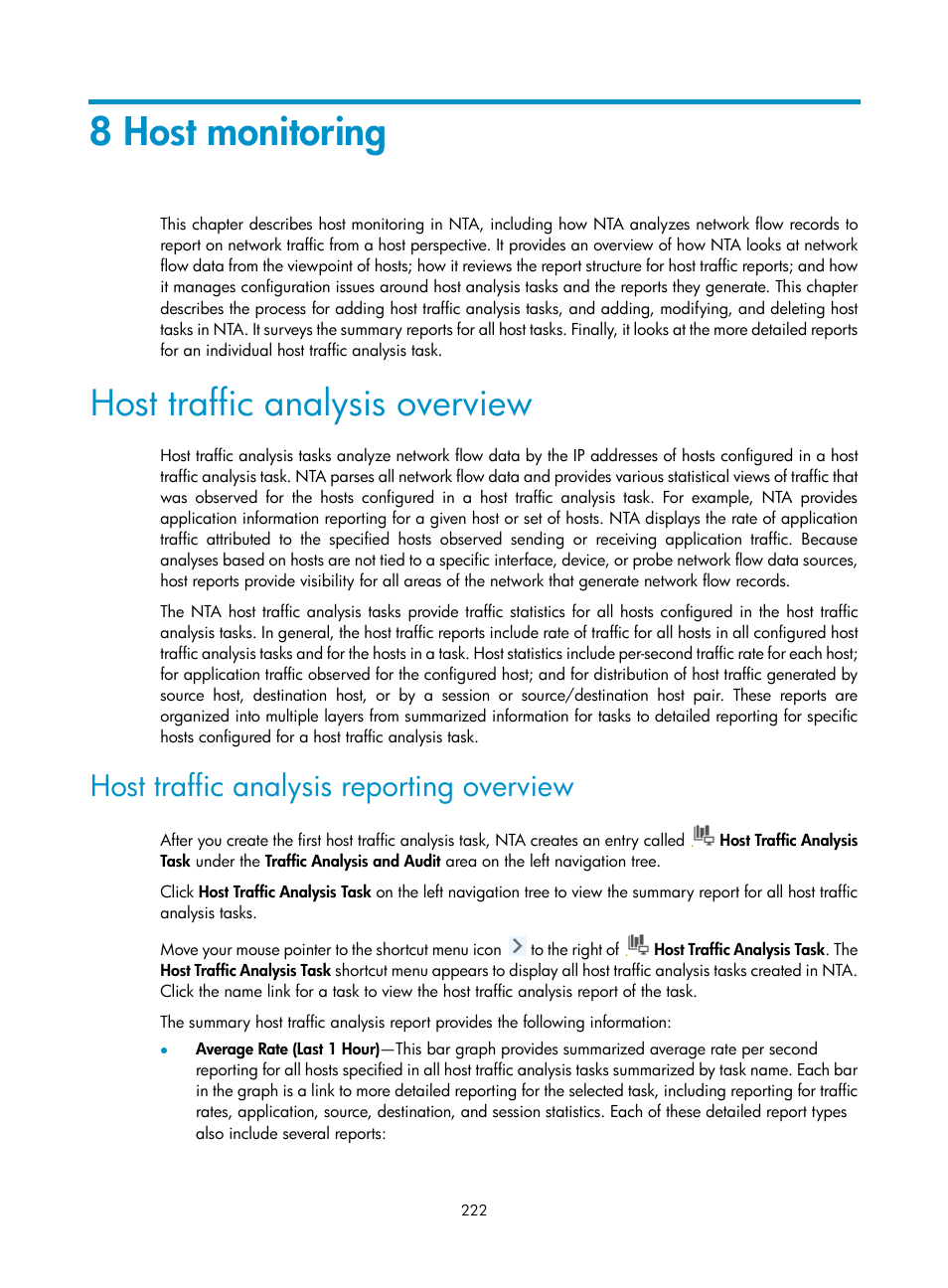 8 host monitoring, Host traffic analysis overview, Host traffic analysis reporting overview | H3C Technologies H3C Intelligent Management Center User Manual | Page 232 / 371