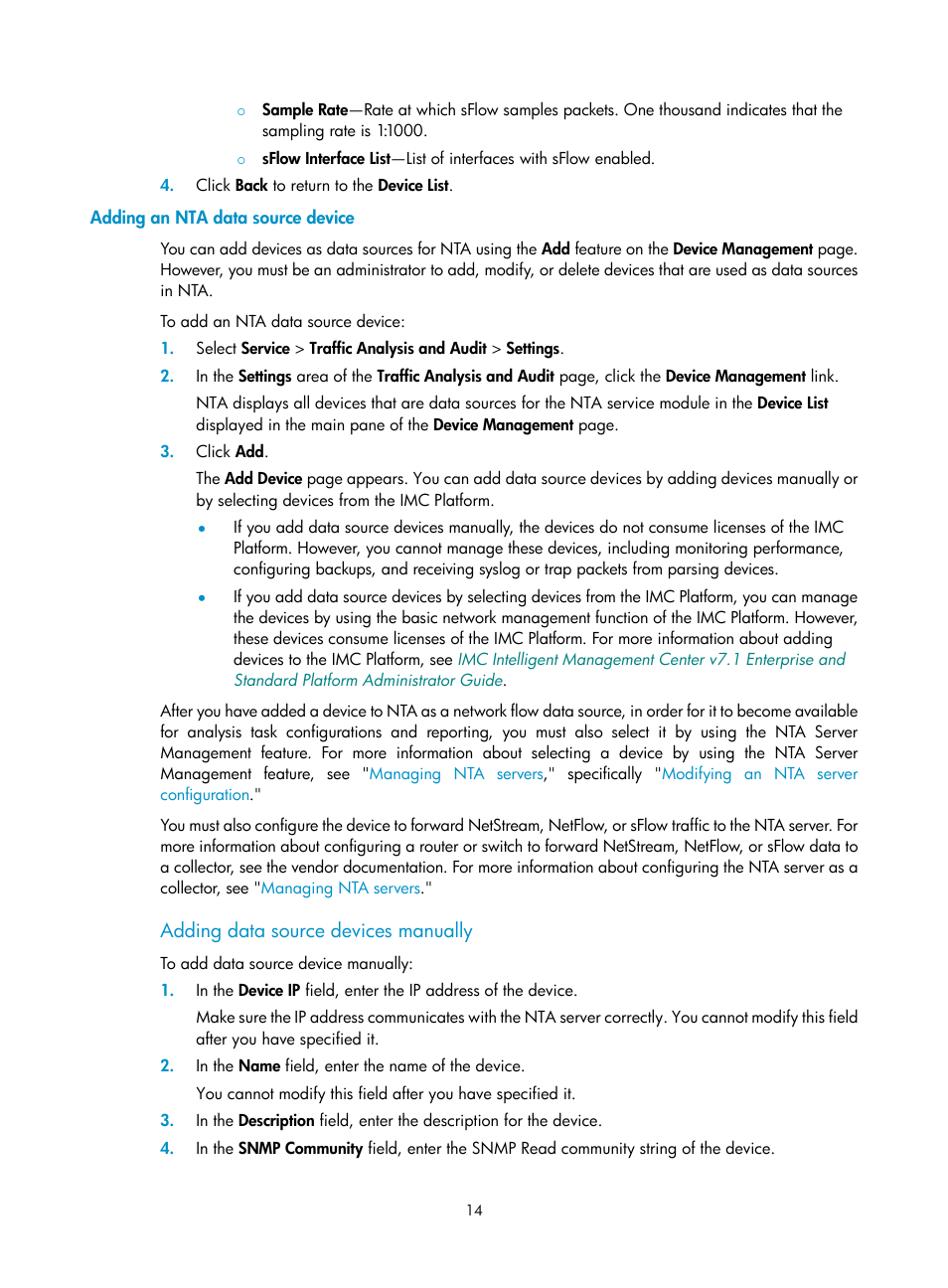 Adding an nta data source device, Adding data source devices manually | H3C Technologies H3C Intelligent Management Center User Manual | Page 24 / 371