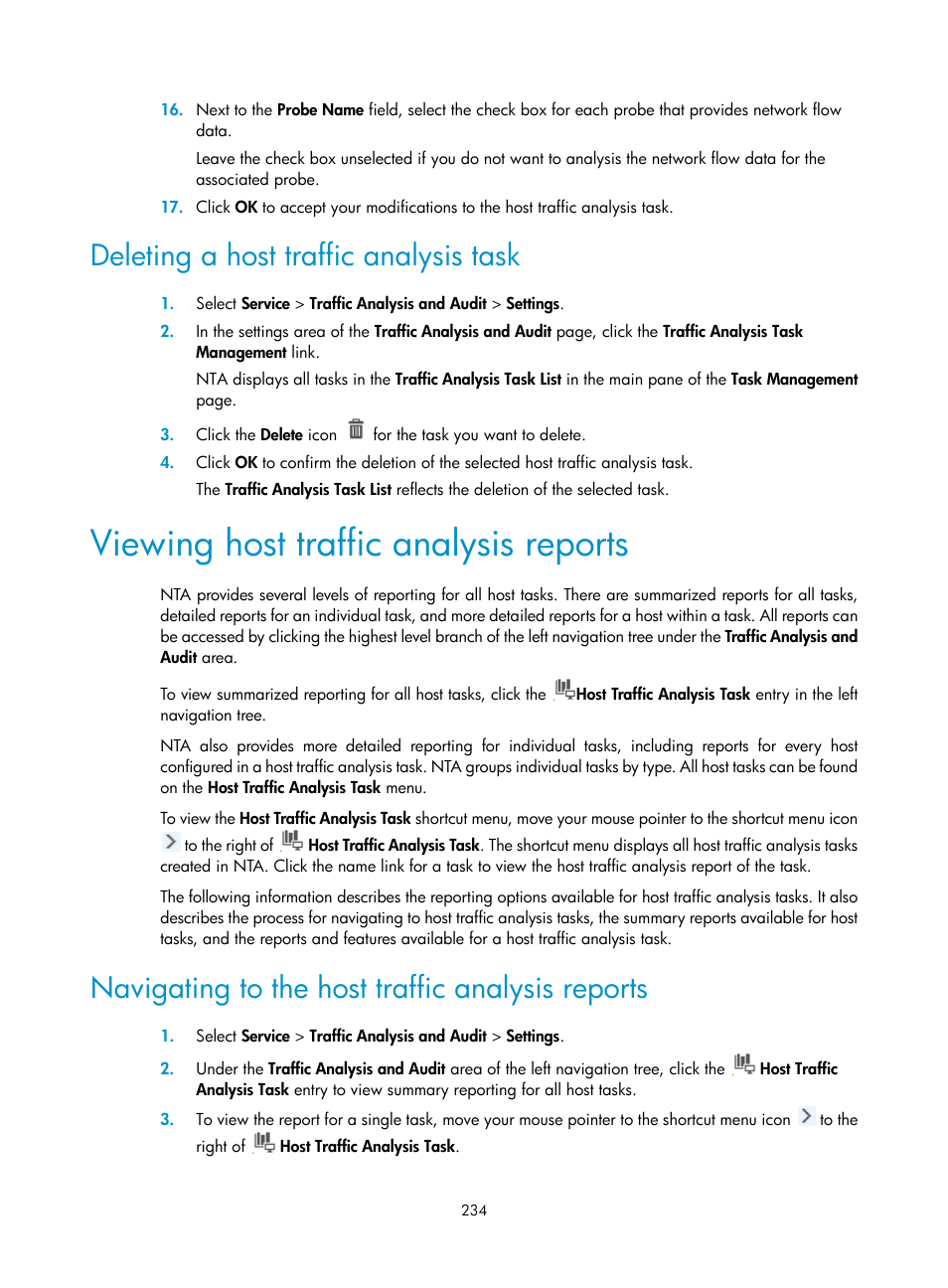 Deleting a host traffic analysis task, Viewing host traffic analysis reports, Navigating to the host traffic analysis reports | Viewing host traffic, Analysis reports | H3C Technologies H3C Intelligent Management Center User Manual | Page 244 / 371