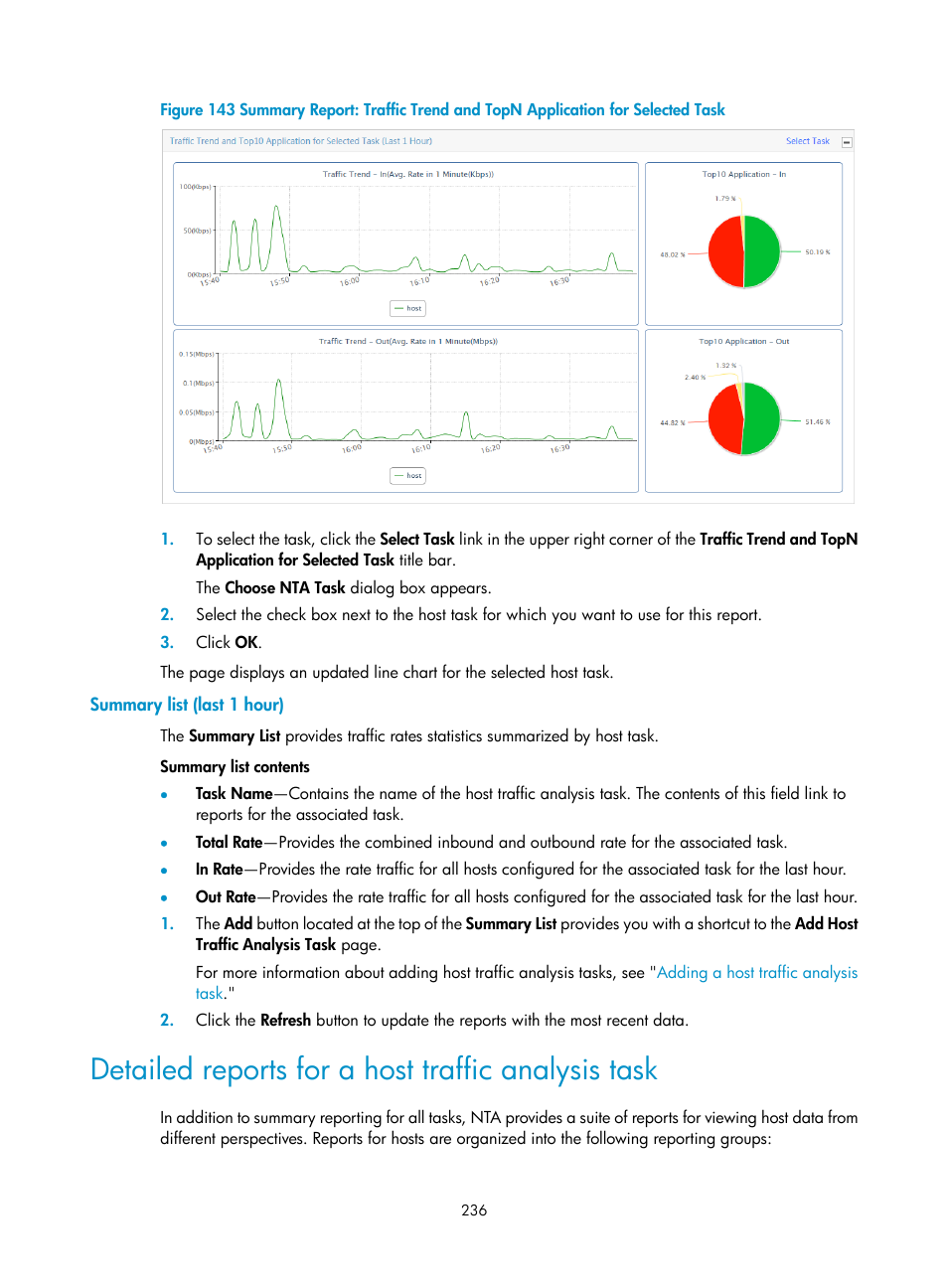 Summary list (last 1 hour), Detailed reports for a host traffic analysis task | H3C Technologies H3C Intelligent Management Center User Manual | Page 246 / 371