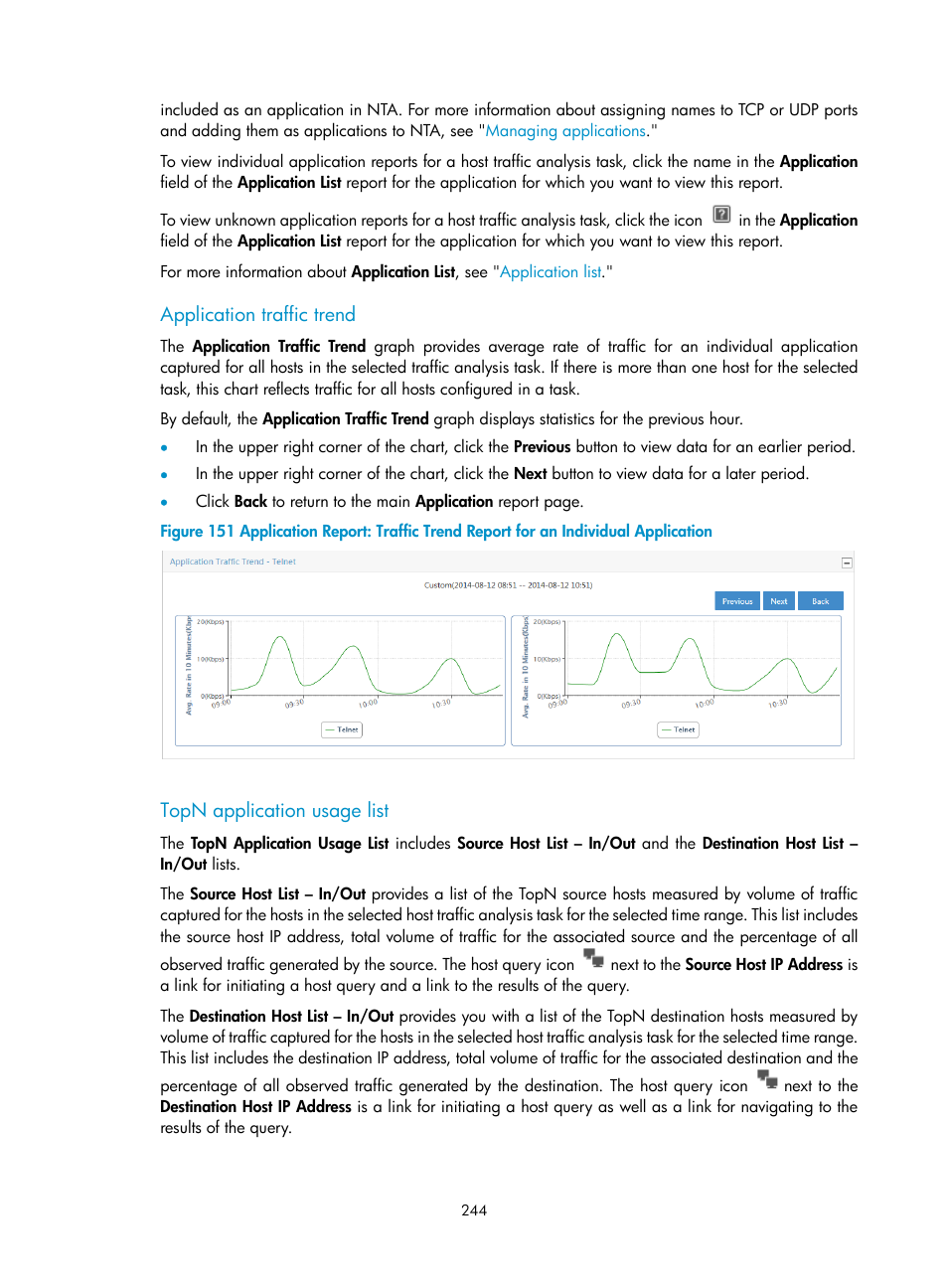 Application traffic trend, Topn application usage list | H3C Technologies H3C Intelligent Management Center User Manual | Page 254 / 371