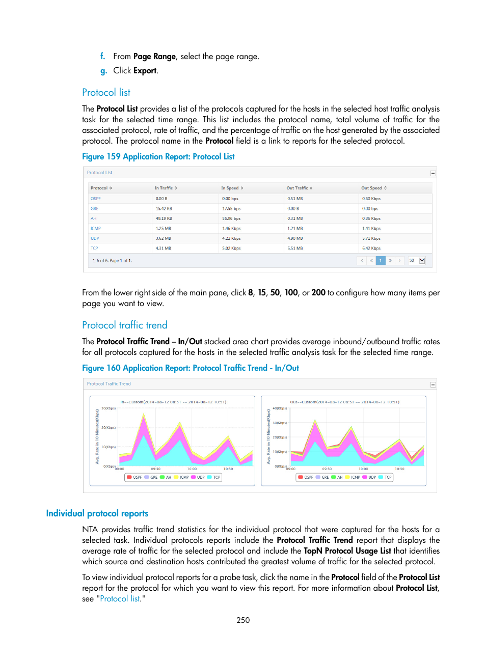 Protocol list, Protocol traffic trend, Individual protocol reports | H3C Technologies H3C Intelligent Management Center User Manual | Page 260 / 371