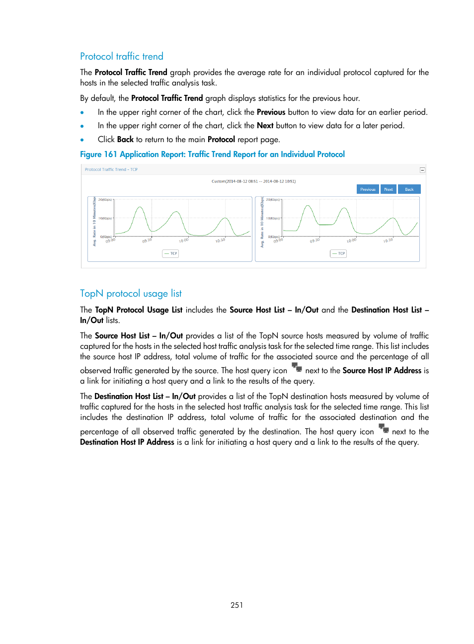 Protocol traffic trend, Topn protocol usage list | H3C Technologies H3C Intelligent Management Center User Manual | Page 261 / 371