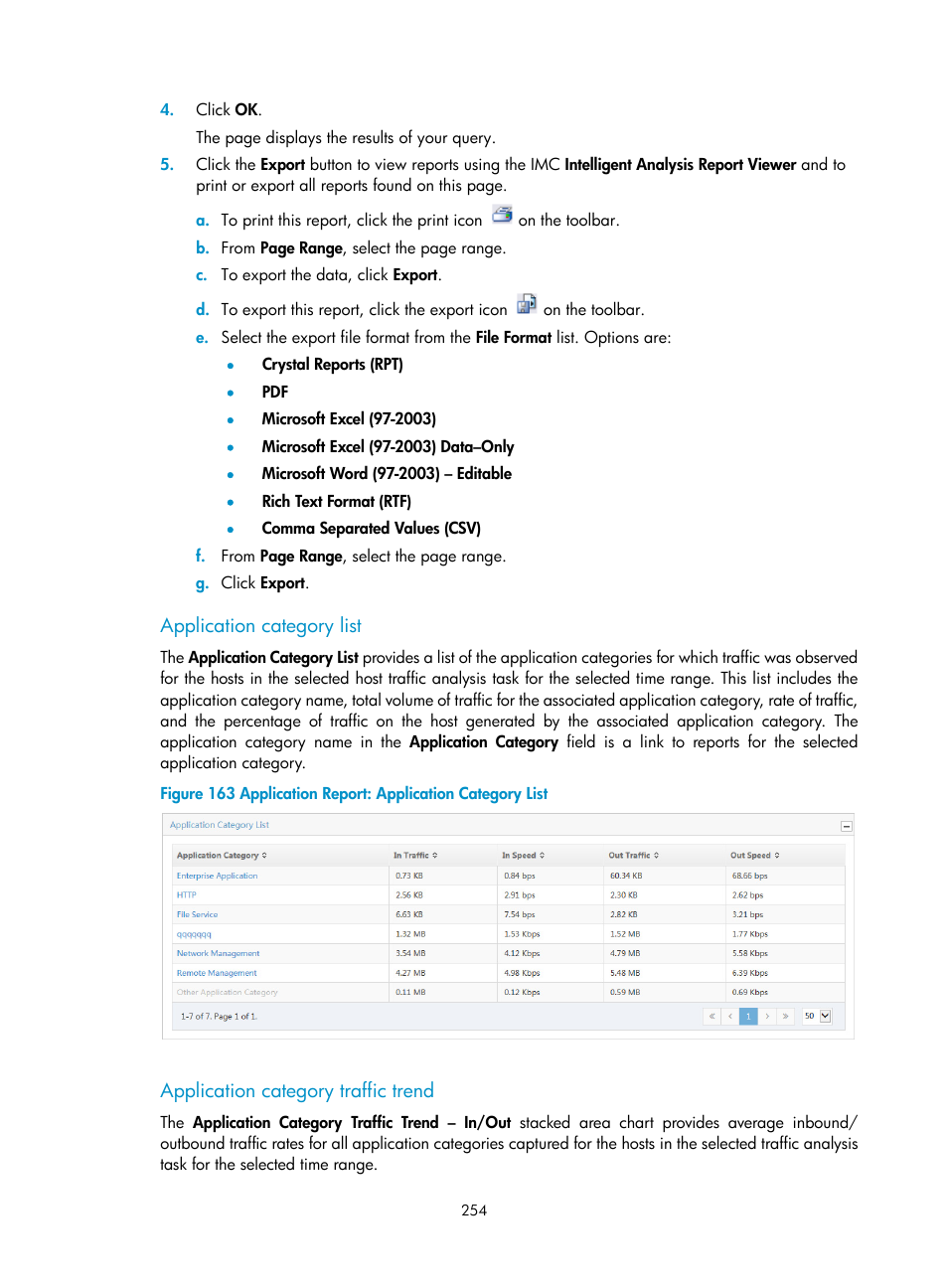 Application category list, Application category traffic trend | H3C Technologies H3C Intelligent Management Center User Manual | Page 264 / 371