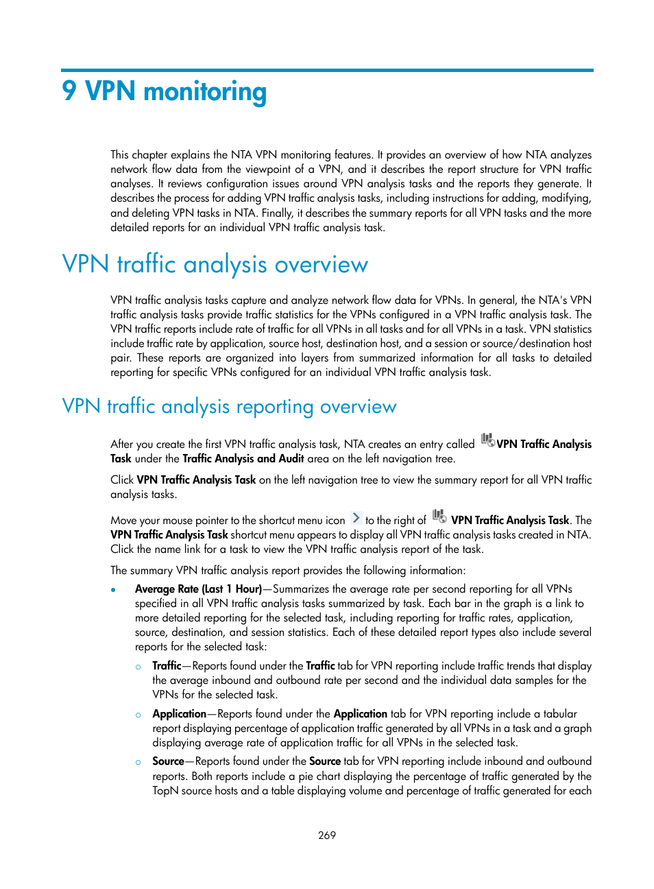 9 vpn monitoring, Vpn traffic analysis overview, Vpn traffic analysis reporting overview | H3C Technologies H3C Intelligent Management Center User Manual | Page 279 / 371