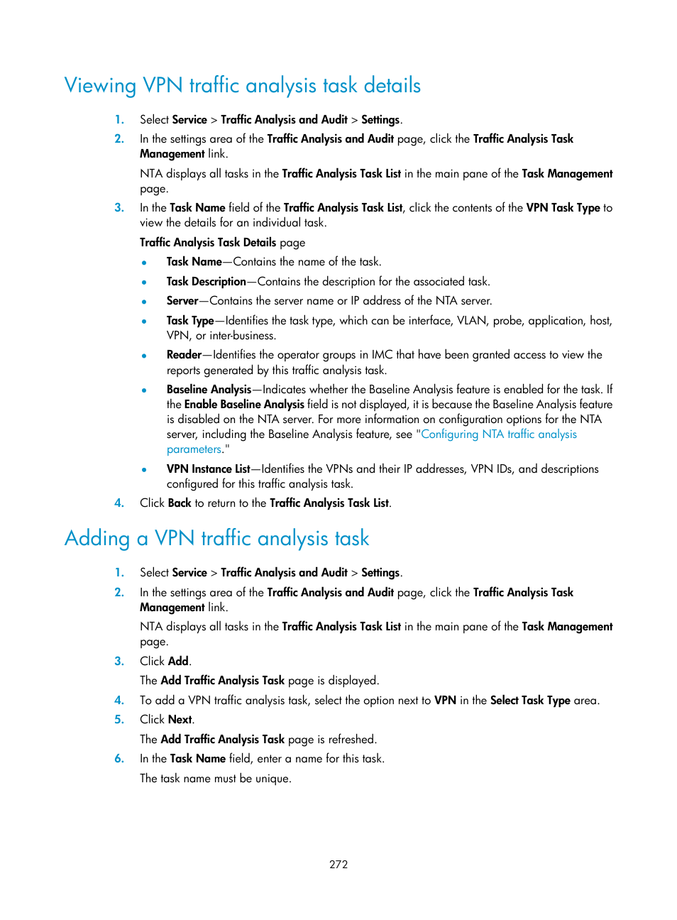 Viewing vpn traffic analysis task details, Adding a vpn traffic analysis task | H3C Technologies H3C Intelligent Management Center User Manual | Page 282 / 371