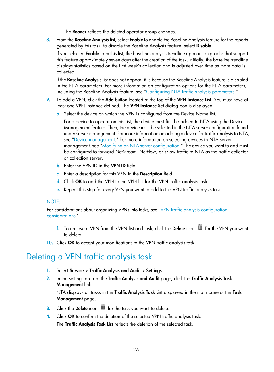 Deleting a vpn traffic analysis task | H3C Technologies H3C Intelligent Management Center User Manual | Page 285 / 371