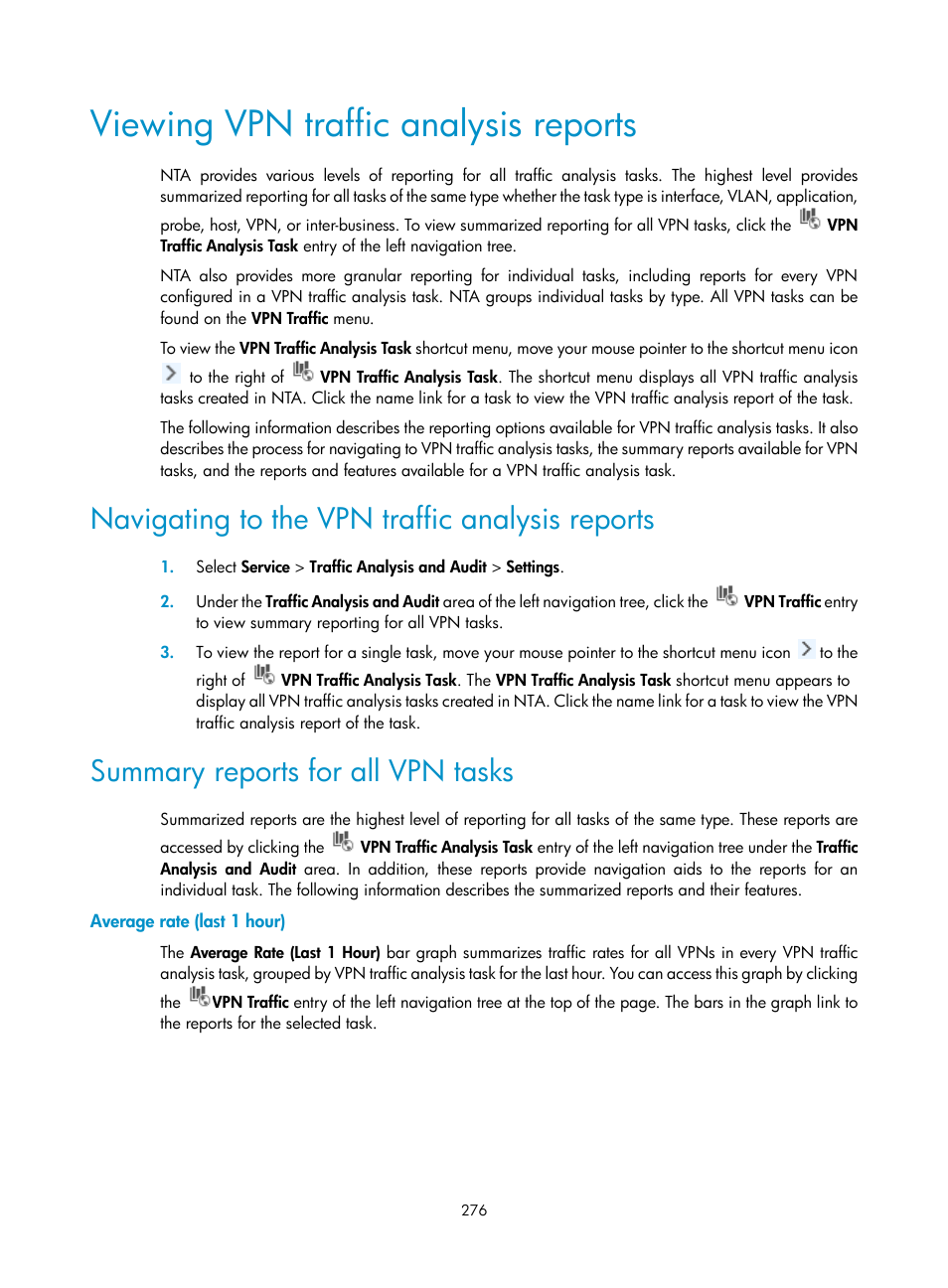 Viewing vpn traffic analysis reports, Navigating to the vpn traffic analysis reports, Summary reports for all vpn tasks | Average rate (last 1 hour) | H3C Technologies H3C Intelligent Management Center User Manual | Page 286 / 371