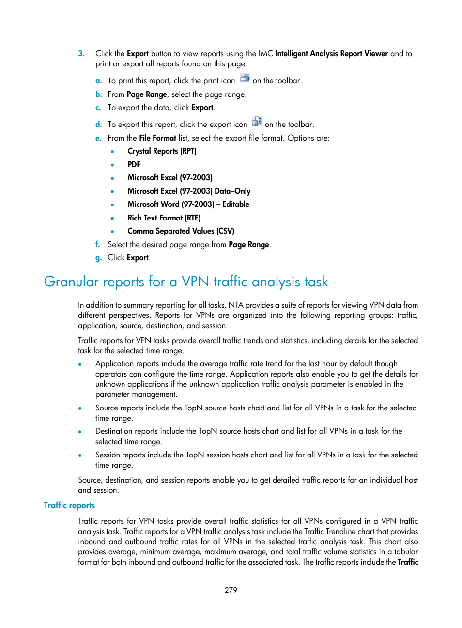 Granular reports for a vpn traffic analysis task, Traffic reports | H3C Technologies H3C Intelligent Management Center User Manual | Page 289 / 371