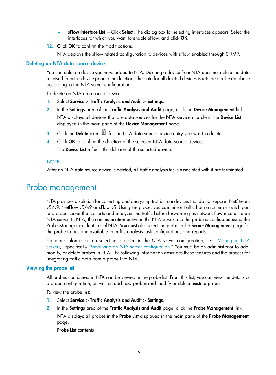 Deleting an nta data source device, Probe management, Viewing the probe list | H3C Technologies H3C Intelligent Management Center User Manual | Page 29 / 371