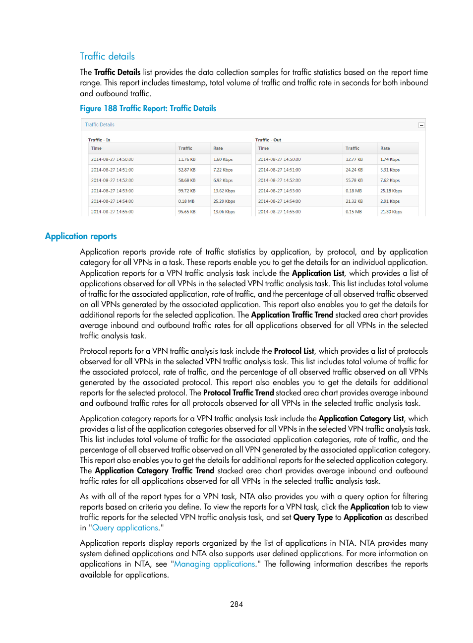 Traffic details, Application reports | H3C Technologies H3C Intelligent Management Center User Manual | Page 294 / 371