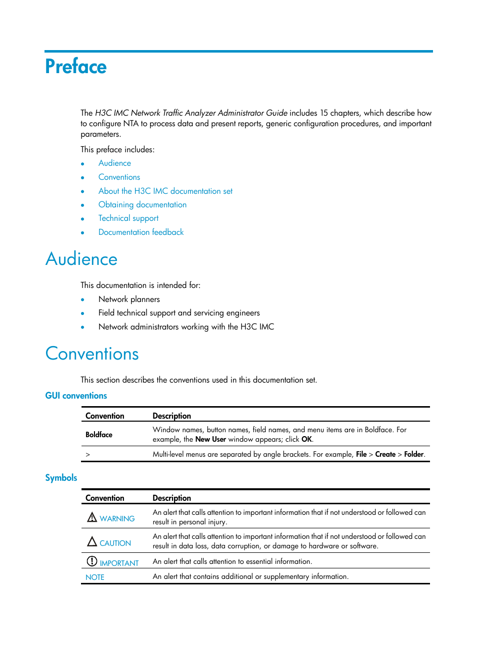 Preface, Audience, Conventions | Gui conventions, Symbols | H3C Technologies H3C Intelligent Management Center User Manual | Page 3 / 371