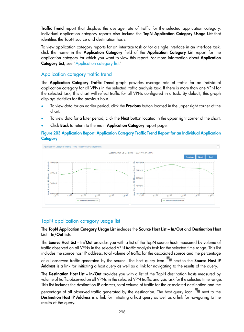 Application category traffic trend, Topn application category usage list | H3C Technologies H3C Intelligent Management Center User Manual | Page 308 / 371