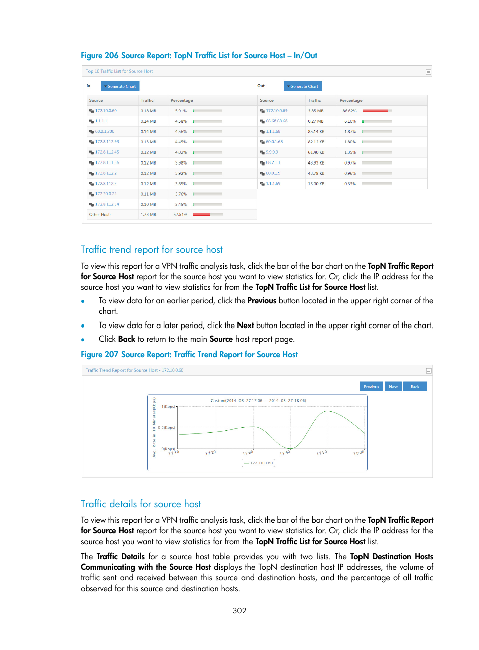 Traffic trend report for source host, Traffic details for source host | H3C Technologies H3C Intelligent Management Center User Manual | Page 312 / 371