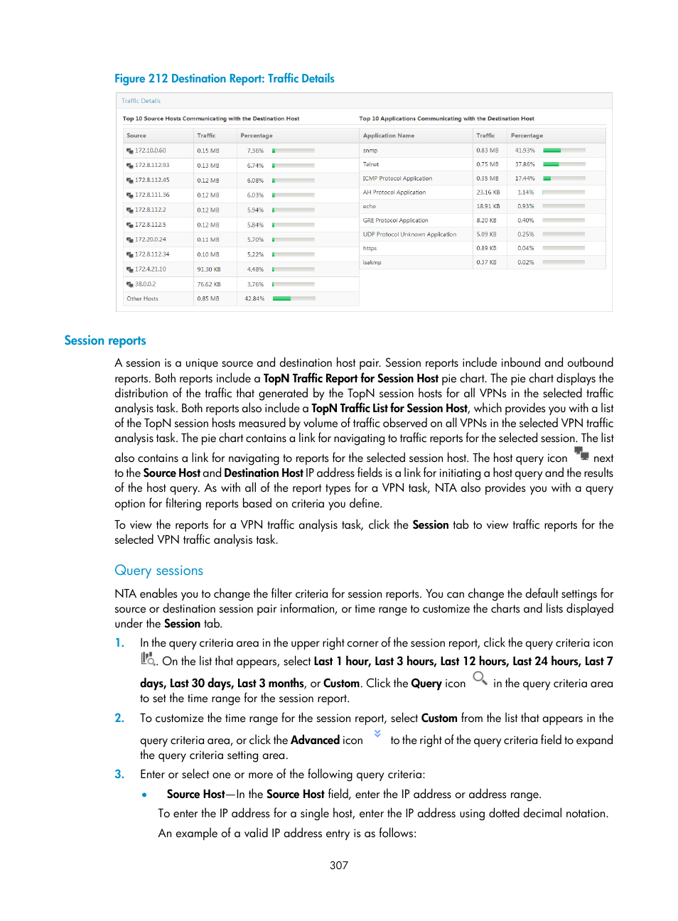 Session reports, Query sessions | H3C Technologies H3C Intelligent Management Center User Manual | Page 317 / 371