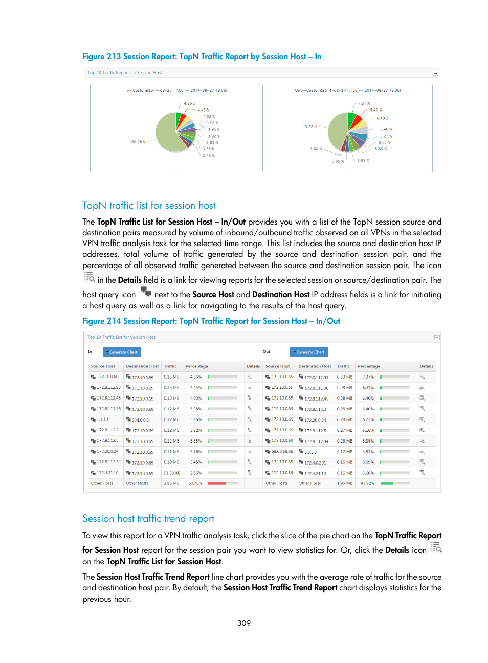 Topn traffic list for session host, Session host traffic trend report | H3C Technologies H3C Intelligent Management Center User Manual | Page 319 / 371