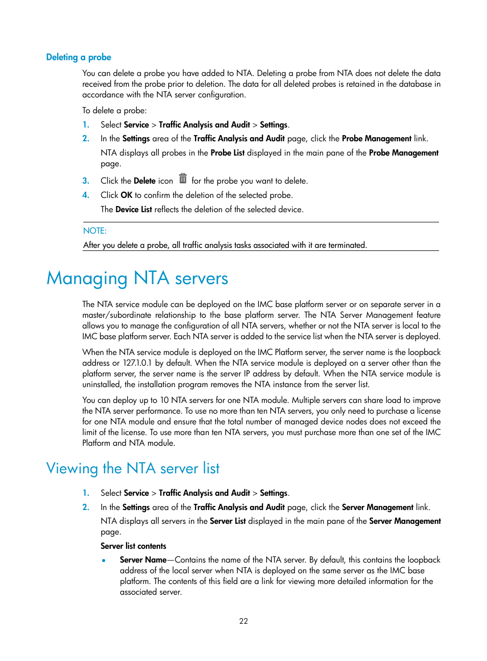 Deleting a probe, Managing nta servers, Viewing the nta server list | Spec, Managing nta, Servers | H3C Technologies H3C Intelligent Management Center User Manual | Page 32 / 371