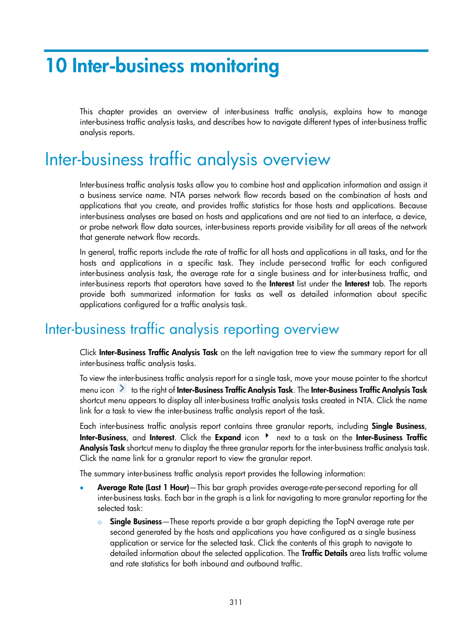 10 inter-business monitoring, Inter-business traffic analysis overview, Inter-business traffic analysis reporting overview | H3C Technologies H3C Intelligent Management Center User Manual | Page 321 / 371