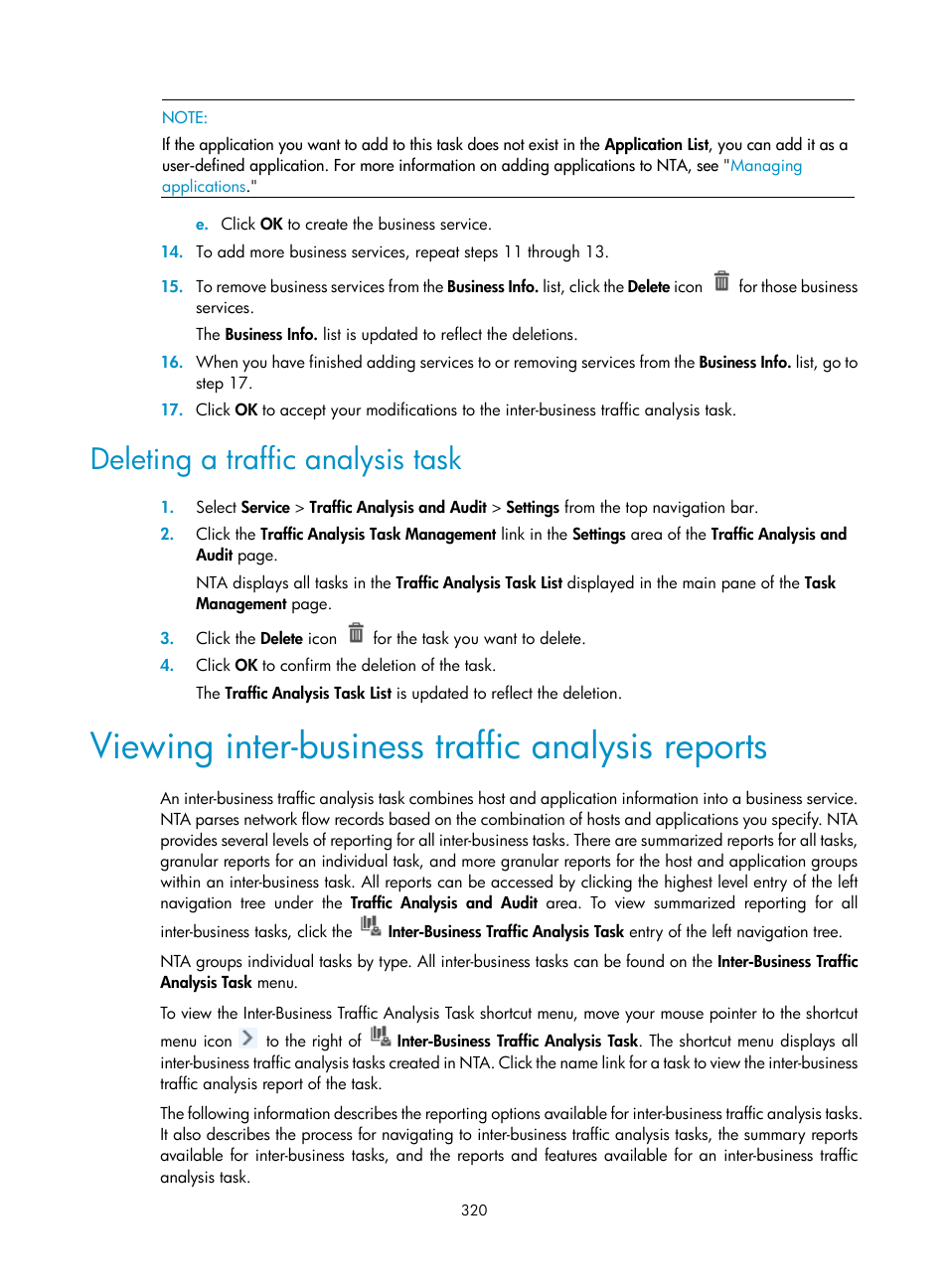 Deleting a traffic analysis task, Viewing inter-business traffic analysis reports | H3C Technologies H3C Intelligent Management Center User Manual | Page 330 / 371