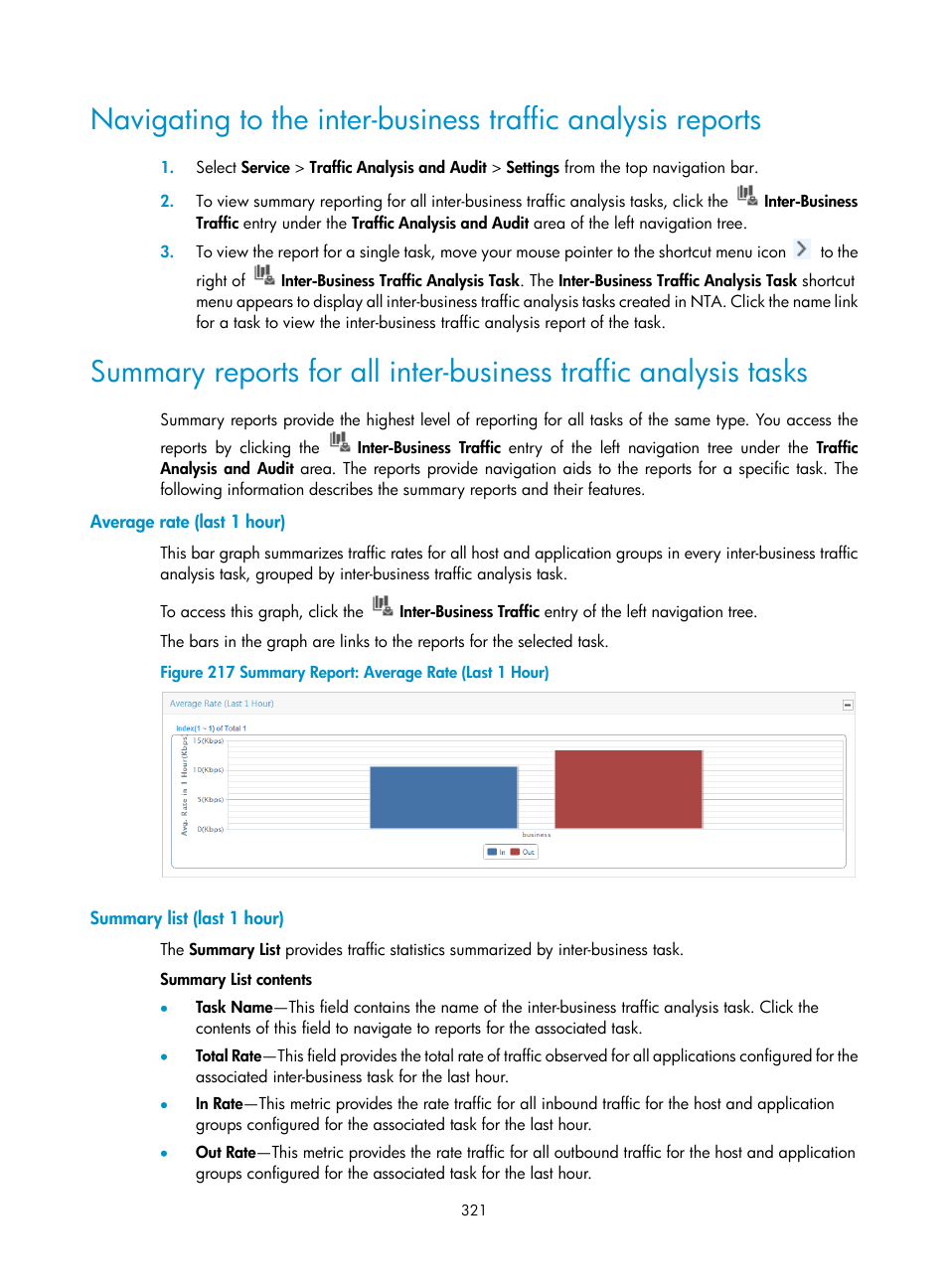 Average rate (last 1 hour), Summary list (last 1 hour) | H3C Technologies H3C Intelligent Management Center User Manual | Page 331 / 371