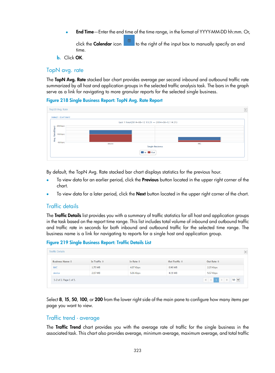 Topn avg. rate, Traffic details, Traffic trend - average | H3C Technologies H3C Intelligent Management Center User Manual | Page 333 / 371