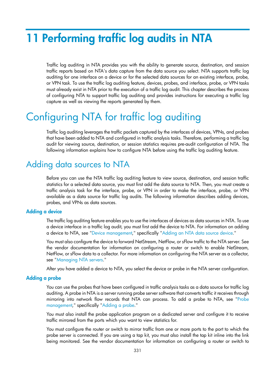 11 performing traffic log audits in nta, Configuring nta for traffic log auditing, Adding data sources to nta | Adding a device, Adding a probe, 11 performing traffic log audits in | H3C Technologies H3C Intelligent Management Center User Manual | Page 341 / 371