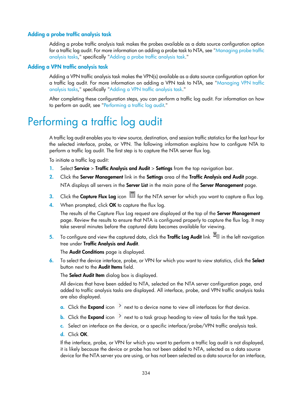 Adding a probe traffic analysis task, Adding a vpn traffic analysis task, Performing a traffic log audit | H3C Technologies H3C Intelligent Management Center User Manual | Page 344 / 371