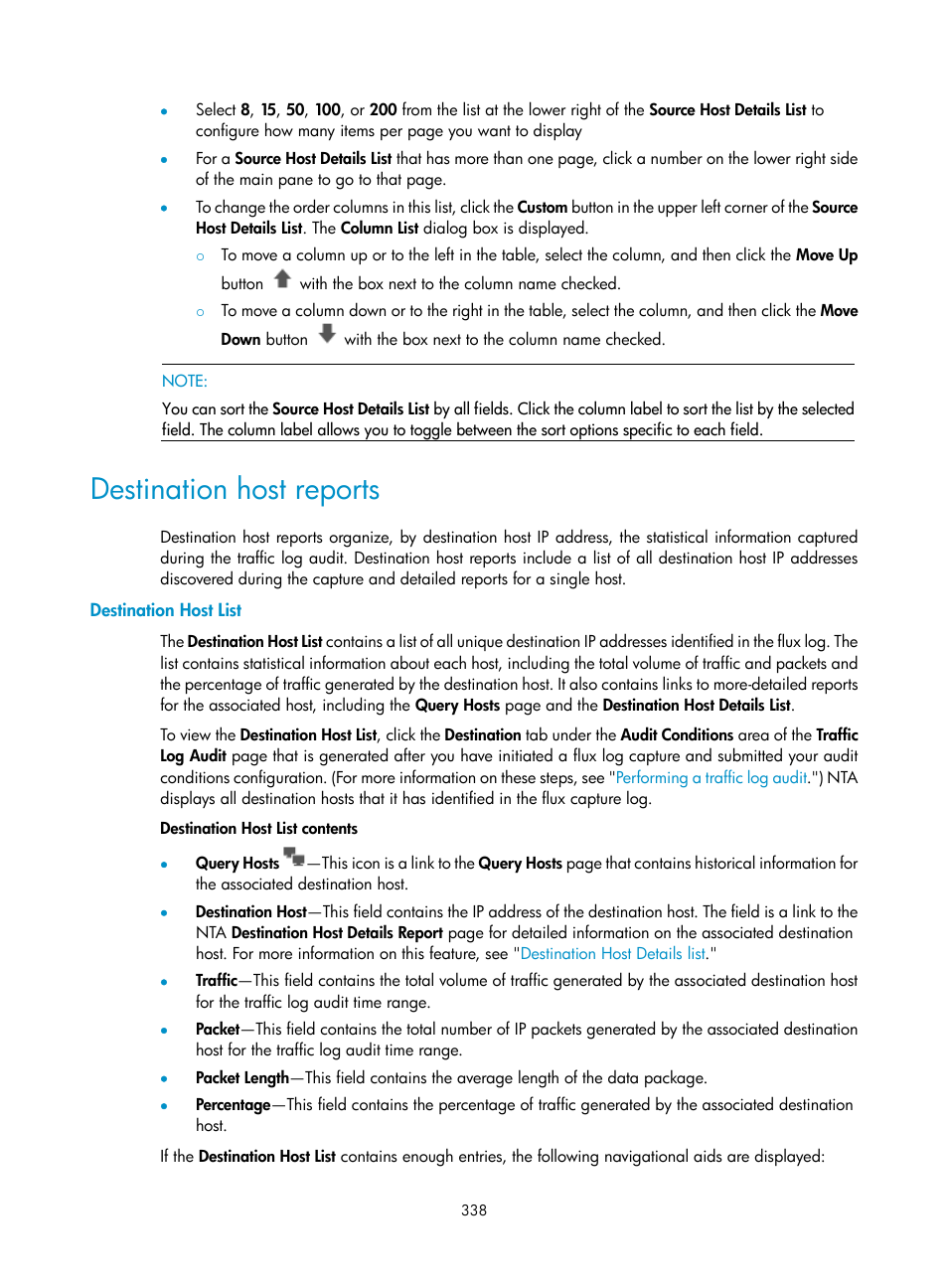 Destination host reports, Destination host list | H3C Technologies H3C Intelligent Management Center User Manual | Page 348 / 371