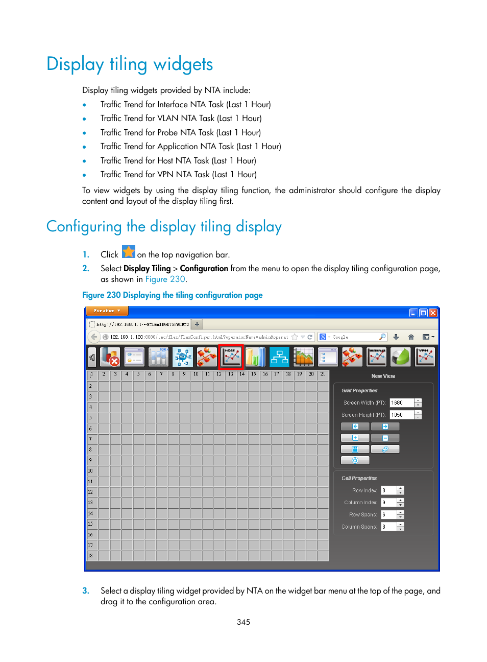 Display tiling widgets, Configuring the display tiling display | H3C Technologies H3C Intelligent Management Center User Manual | Page 355 / 371